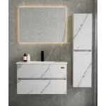 Modern Wooden Washbasin With Ceramic basin LED mirrors and Pharmacy, Marble White Color, Size 80×48×50 cm