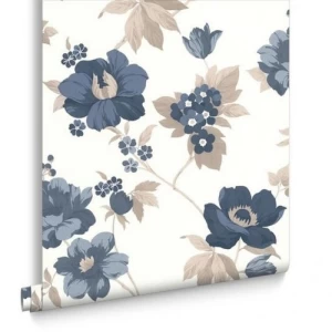 British Wallpaper Floral Design White With Blue, Size 10mx0.53m | Balbaid Decor Company