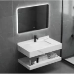 Artificial Marble, Size 80×50 cm, with Shelf and LED Mirror, Marbled white Color