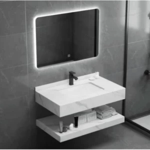 Artificial Marble Wash Basin 80×50 cm with Shelf and LED Mirror, Marbled White | Albayt Alaniq Sanitary Tools