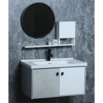 Gray White Ceramic Decorative washbasin Size 80 cm, With Wooden Cabinet and Mirror With Pharmacy 