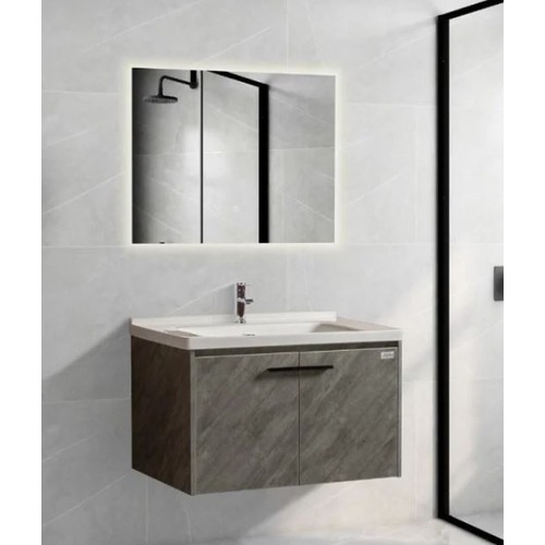 Wooden Washbasin with LED Mirror 80x48x46 cm, Gray Color | Albayt Alaniq Sanitary Tools
