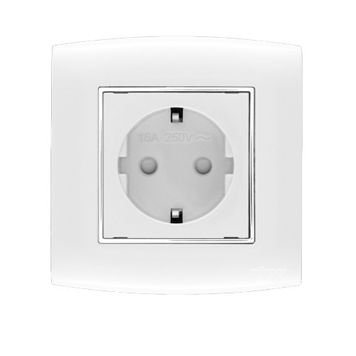 Schuko Socket With Shutter 1 Gang 16 Amp 7x7 cm White Chrome Ring | Al Fanar