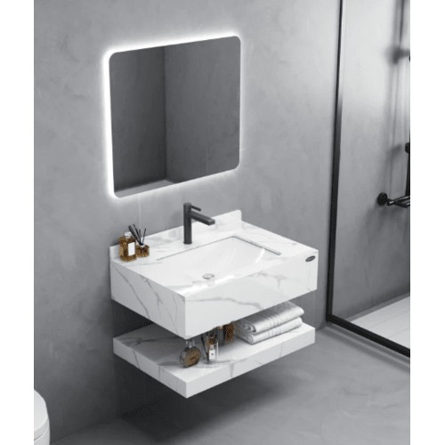 Shiny Artificial Marble Sink and Shelf 80×50 cm, White, LED Mirror, Height 25 cm | Albayt Alaniq Sanitary Tools