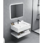 Shiny Artificial Marble sink and shelf, White Color, with LED Mirror, Height 25 cm, Size 80×50 cm