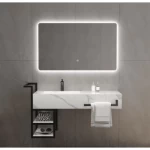 Artificial Marble Washbasin with LED Mirror and black shelves, white on Gray Color, Size 120×50 cm
