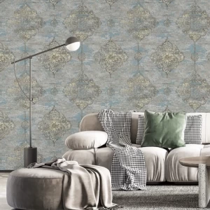Vinyl Wallpaper Patterned Design 15.6 m x 100 cm Gray with Brown and Blue Patterns | Luxury line