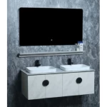 Marble Surface Ceramic Bathroom Washbasin Double Bowl, LED Mirror And Shelf, Size 120 cm, Gray white