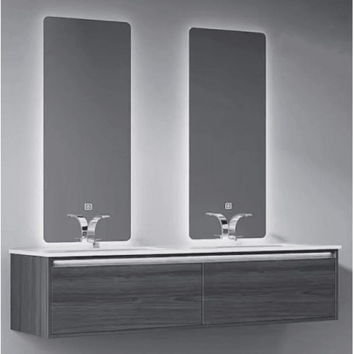 Marble Top Wash Basin Double Bowl 140 cm, Dark Gray with Wooden Cabinet | Al Muhaidib Sanitary and Ceramic
