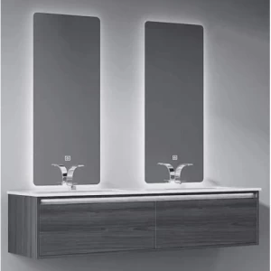 Marble Top Wash Basin Double Bowl 140 cm, Dark Gray with Wooden Cabinet | Al Muhaidib Sanitary and Ceramic