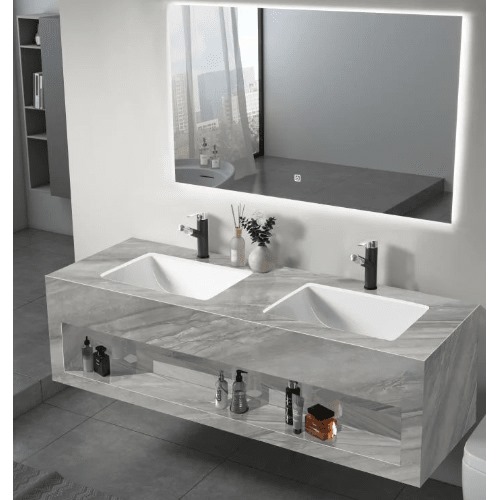 Artificial Marble Decorative Sink Two Basins 150 cm Matte Gray with 3 Color LED Mirrors | Al Muhaidib Sanitary and Ceramic