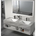 Artificial Marble Decorative Sink Two Basins With 3 Color LED mirrors, Matte Gray Color, Size 150 cm 