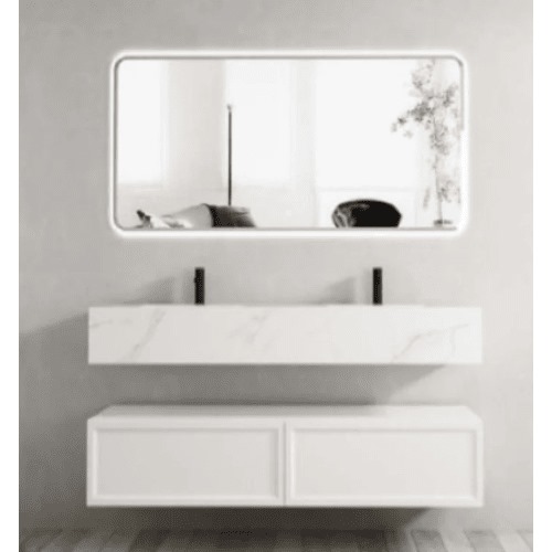 White Ceramic Marble Top Bathroom Washbasin Double Bowl 70×160 cm with Wooden Cabinet | Al Muhaidib Sanitary and Ceramic