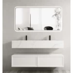 White Ceramic Marble Top Bathroom washbasin Double Bowl, Size 70×160 cm with Wooden Cabinet