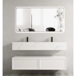 White Ceramic Marble Top Bathroom Washbasin Double Bowl 70×160 cm with Wooden Cabinet | Al Muhaidib Sanitary and Ceramic