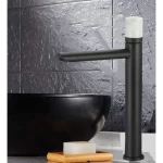 Black Bathroom Washbasin Mixer With White Marble Handle