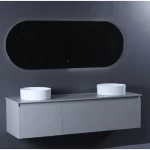 Marble Surface Ceramic Wash Basin Double Bowl Size 160 cm, Light Gray Color with Wooden Cabinet