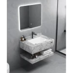 Shiny Artificial Marble Wash Basin, Size 100×50×25 cm, Gray Color, With LED Mirrors and Shelf