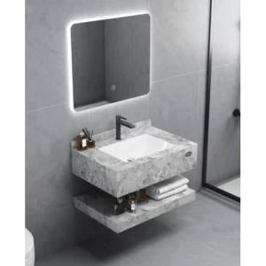 Shiny Artificial Marble Wash Basin 100×50×25 cm Gray with LED Mirrors & Shelf | Albayt Alaniq Sanitary Tools