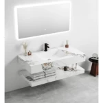 Single Bathroom Basin Artificial Marble, Size 60×50 cm, With LED Mirrors, Marbled White Color