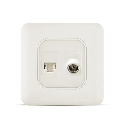 فيش RJ11 6P6C + فيش تليفزيون مائل 7×7 سم، لون أبيض | Spectra