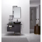 خزانة حمام خشبية مع مغسلة مع مرآة، لون أسود، مقاس 103 سم