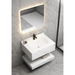 Single Basin Artificial Marble Bathroom 80 cm, Laser Basin with LED Mirror, White with lead veins