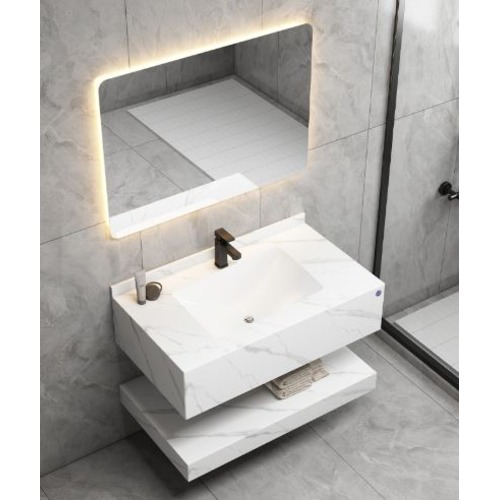 Single Basin Artificial Marble Bathroom 100 cm, Laser Basin with LED Mirror, White with Lead Veins | Algafary Sanitary ware