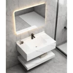 Single Basin Artificial Marble Bathroom 100 cm, Laser Basin with LED Mirror, White with lead veins