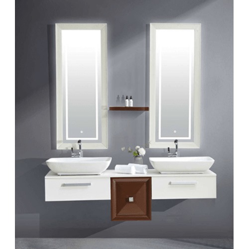 Marble Surface Ceramic Wash Basin Double Bowl 150 cm, White & Light Brown with Wooden Cabinet | Al Muhaidib Sanitary and Ceramic