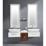 Marble Surface Ceramic Wash Basin Double Bowl Size 150 cm, White and light Brown Color with Wooden Cabinet