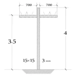 Aluminum lighting pole length 3.5 m, thickness 3 mm, base 15 x 15 mm