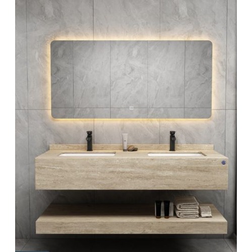Artificial Marble Normal Double Washbasin 150 cm with LED Mirror Beige | Algafary Sanitary ware