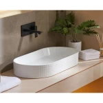 Long Porcelain Counter Wash Basin White Color, Boum Model, Dimensions 58×38×14 cm