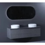 Marble Surface Ceramic Wash Basin Double Bowl Size 140 cm, Dark Gray Color with Wooden Cabinet