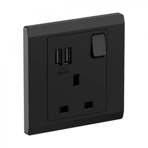 Electrical Socket 1 Gang with Two USB Outputs 13 Amp 7x7 cm Black | Green Home Trading