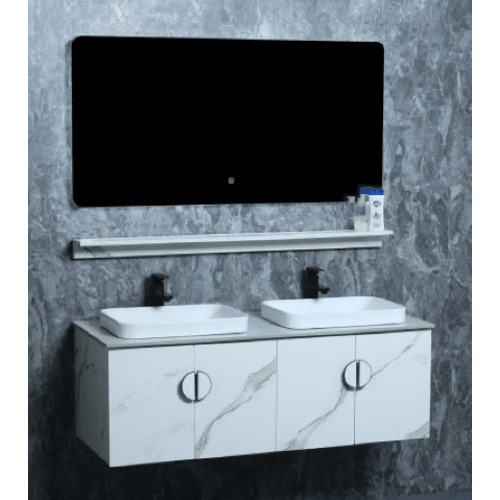Marble Surface Ceramic Double Bowl Washbasin 120 cm, Marble White with Wooden Cabinet | Al Muhaidib Sanitary and Ceramic