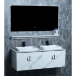 Marble Surface Ceramic Double Bowl Bathroom Washbasin, LED Mirror And Shelf Size 120 cm, Marble white With Wooden Cabinet