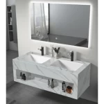 Artificial Marble Decorative Sink Two Basins With 3 Color LED mirrors, Size 120 cm Marbled Golden White Color