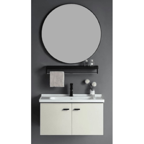 Ceramic Hand Washbasin 60 cm White with Wooden Cabinet, Circular Mirror & Shelf | Al Muhaidib Sanitary and Ceramic