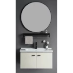 Ceramic Hand Washbasin With Wooden Cabinet and With a circular mirror and a shelf White color Color Size 60 cm  
