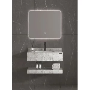 Artificial Marble Decorative Wash Basin 80x50x25 cm with LED Mirror, Shiny Grey | Albayt Alaniq Sanitary Tools