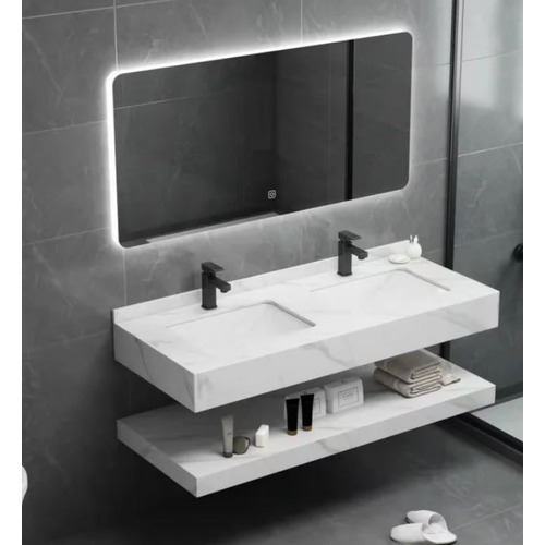Artificial Marble Decorative Washbasin Two Piece 120×50 cm Marbled White with LED Mirror | Albayt Alaniq Sanitary Tools