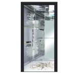 كابينة مصعد  PVC وراوتر مزخرف، مرآة نصفية، زوايا ذهبية، وأرضية بنقوش عربية