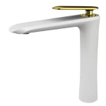 Long Washbasin Tap, White And Gold Color
