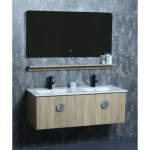 Marble Surface Ceramic Washbasin Basin Double Bowl Size 120 cm, Light Woody Color With Wooden Cabinet