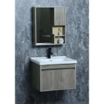 Gray Wooden Ceramic Hand Washbasin Size 80 cm, With Wooden Cabinet and Mirror With Pharmacy 