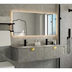 Double Basin Wooden Bathroom Wash Basin, Width 150 cm, Depth 51 cm, Height 30 cm, With LED Mirror, Grey Color