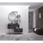 كابينة حمام مع مغسلة ومرايا دائرية، مقاس 133 سم، لون أسود مع زخرفة ذهبي