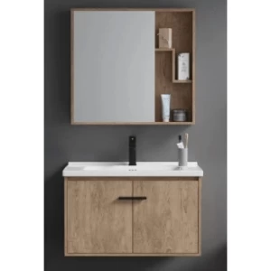 Light Woody Bathroom Washbasin with Wooden Cabinet and Pharmacy Mirror, Size 80 cm | Al Muhaidib Sanitary and Ceramic